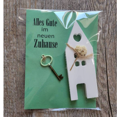 Umzug * Einzug * Alles Gute * neues Zuhause * Karte mit Haus und Schlüssel * Keraflott * Grün Trockenblumen