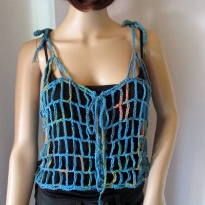 Legeres Netz-Top, Crop Top, Shirt, Häkel-Top, Top, Türkis-Bunt