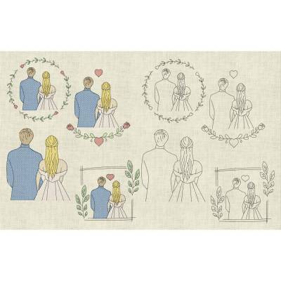 Stickdatei Hochzeit, Line Art, Outline, Redwork, Braut Bräutigam, Set 949