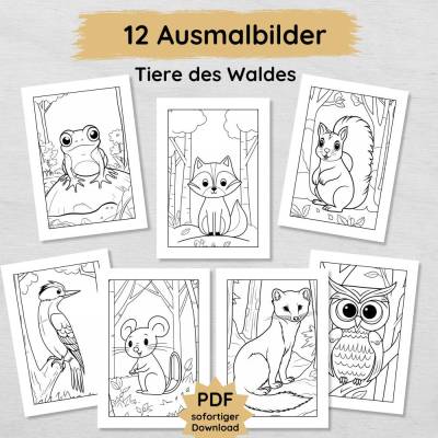 12 Waldtiere Ausmalbilder für Kinder, Tiere im Wald, Malvorlagen zum Ausdrucken