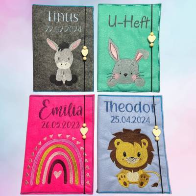 U-Heft Hülle aus Filz mit Name/Datum/Wunschmotiv, bestickt, Untersuchungsheft, Tiermotive, Impfausweis, personalisiert,