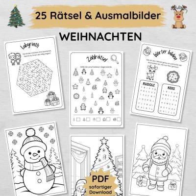 25 weihnachtliche Rätselseiten und Ausmalbilder für Kinder zum Ausdrucken