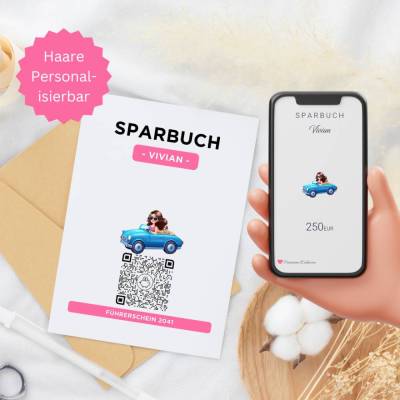 Personalisiertes Geldgeschenk | Führerschein Zuschuss | Digitales Sparbuch | Geschenkkarte | Auto Mädchen Pink