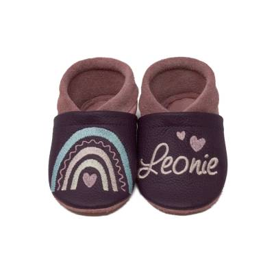 Krabbelschuhe mit Namen Boho Regenbogen, Lederpuschen personalisiert, Echtleder, Kindergartenschuhe personalisiert