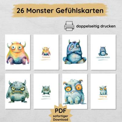 26 doppelseitige Monster Gefühlskarten für Kinder zum Ausdrucken, Gefühle Bildkarten