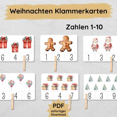Weihnachten Klammerkarten zum Zahlen lernen von 1 bis 10 für Kinder zum Ausdrucken