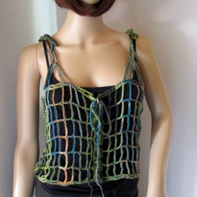 Legeres Netz-Top, Crop Top, Shirt, Häkel-Top, Top, Grün-Bunt
