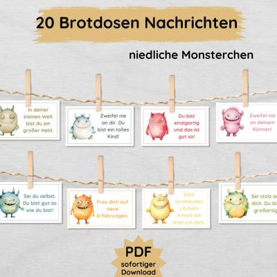 20 süße Monster Brotdosen Nachrichten für Kinder zum Ausdrucken, positive Affirmationen & Mutmacher