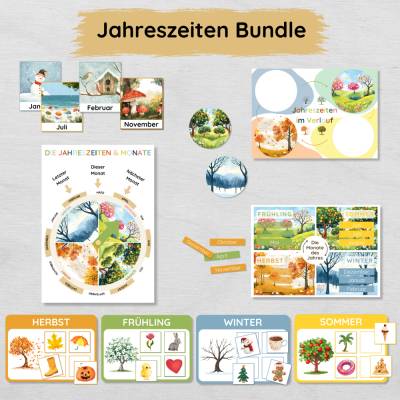 Jahreszeiten und Monate lernen Bundle für Kinder mit Jahreszeitenuhr, Monatskarten, Sortierspiel und mehr