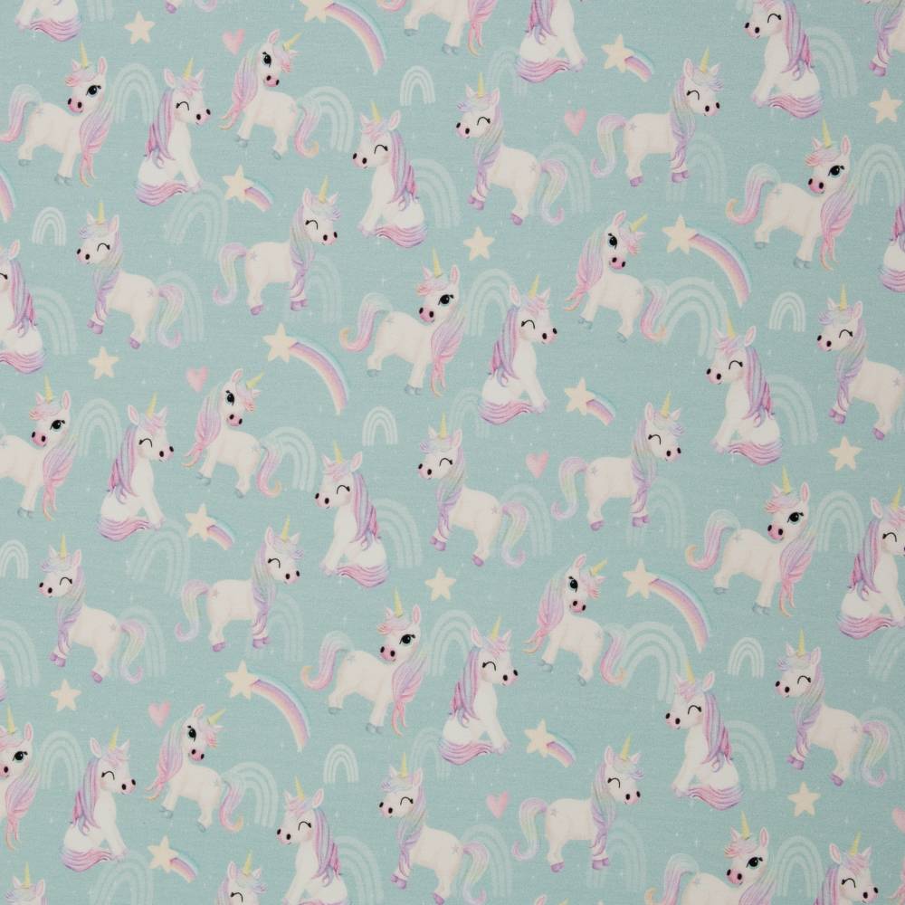 ♕ Jersey mintfarben mit Einhorn Regenbogen Stern Komet 95 x 160