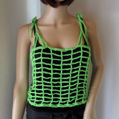 Legeres Netz-Top, Crop Top, Shirt, Häkel-Top, Top, Apfelgrün