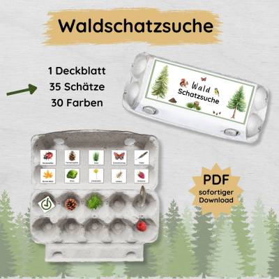 Waldschatzsuche im Eierkarton für Kinder zum Ausdrucken, Naturbingo Druckvorlage
