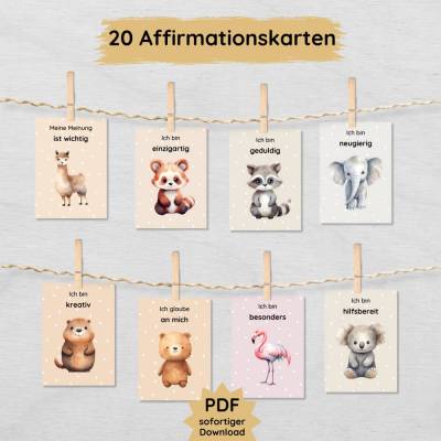 20 Affirmationskarten für Kinder zur Stärkung des Selbstbewusstseins mit niedlichen Tieren