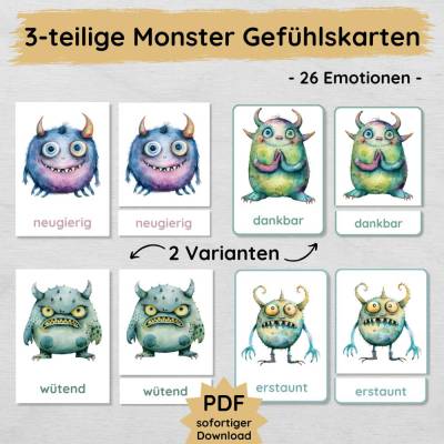 3-teilige Monster Gefühlskarten für Kinder zum Ausdrucken in 2 Varianten
