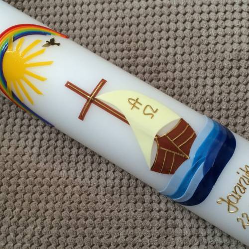 TAUFKERZE  Boot, Sonne, Regenbogen, Arche Noah, Mit Jesus in einem Boot für Mädchen oder Jungen, inkl. Beschriftung, Wac