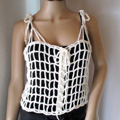Legeres Netz-Top, Crop Top in Weiß, Shirt, Häkel-Top, Top