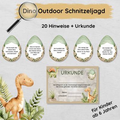 Dino Outdoor Schnitzeljagd für den Garten mit 20 Hinweisen und Urkunde für Kinder ab 6 Jahren