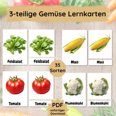 35 Gemüse Lernkarten für Kinder, dreiteilige Foto Bildkarten Gemüsesorten zum Lernen und Lesen üben