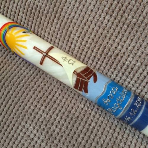 Taufkerze Boot, Arche Noah, Mit Jesus in einem Boot, Sonne, Regenbogen, 25% Bienenwachs + Aufbewahrung, handgeknetet, in