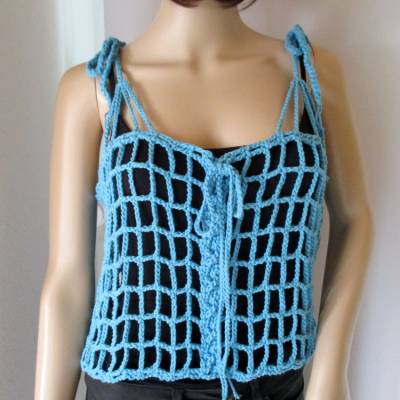 Legeres Netz-Top, Crop Top, Shirt, Häkel-Top, Top, Türkis