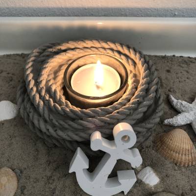 Teelichthalter Seil aus Beton, maritimes Dekotau, grau, ca. 12 cm