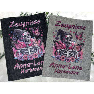 Zeugnismappe mit Namen - Mädchen und Jungen - Personalisiert Filz A4 Skulls Pink - Dokumenten Urkunde
