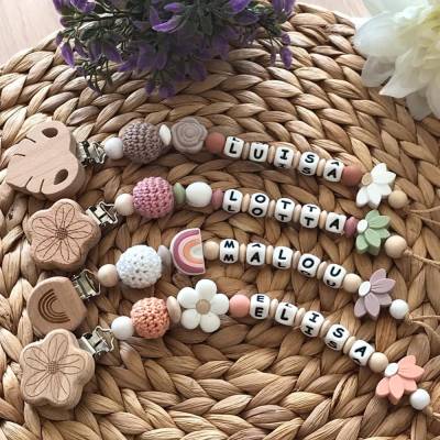 Schnullerkette personalisiert Blume Regenbogen Häkelperle Babygeschenkidee Geburt Taufe Babyparty