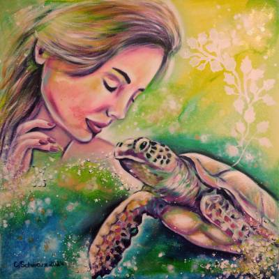 TIEFE VERBUNDENHEIT - Meerjungfrau und Meeresschildkröte in abstrakter Unterwasserwalt 50cmx50cmx3,7cm