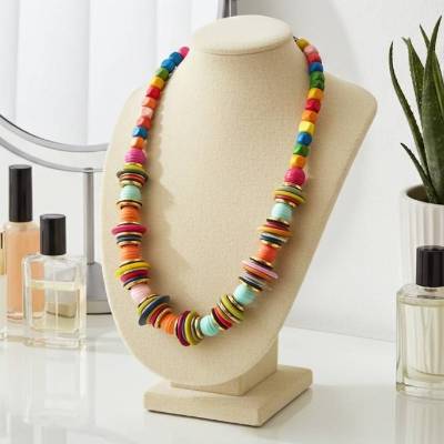 dicke Statementkette Knopfkette bunt goldfarben lang Damen