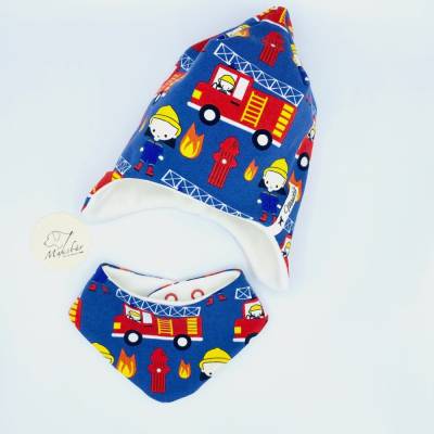 Zipfelmütze mit Tuch , KU 39 - 40cm, Zwergenmütze, Babymütze, Feuerwehr