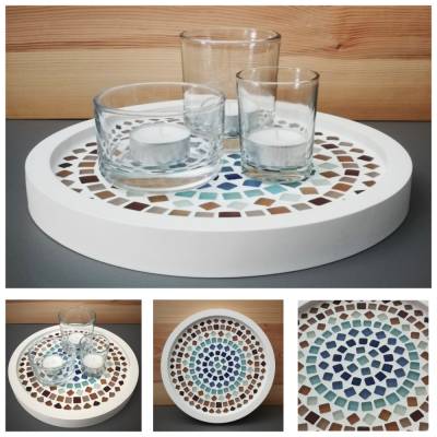 Mosaik Dekoteller | Keramik Glas | D 24cm | weiß braun blau