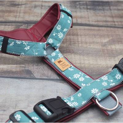 Hundegeschirr MEGAN mit Kunstleder, Blumen, teal, Blumenranken