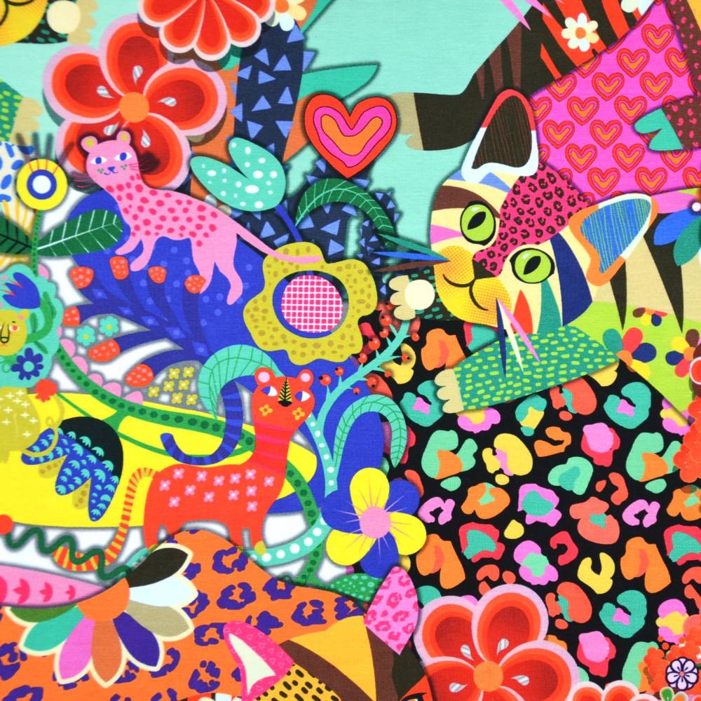 ♕ Jersey Panel mit Katzen bunt Tiere Blumen Herzen 120 x 150 cm