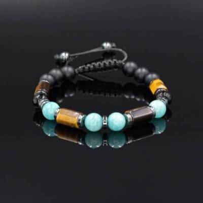 Herren Armband aus Edelsteinen Amazonit Tigerauge Onyx Hämatit mit Knotenverschluss, Makramee Armband