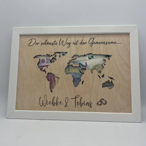 Geldgeschenk Hochzeit Weltkarte, Hochzeitsgeschenk personalisiert, Geschenkidee im Bilderrahmen Urlaubsgeschenk,