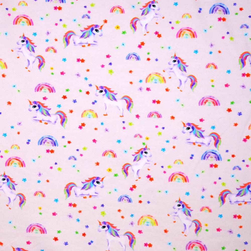 ♕ Jersey rosefarben mit Einhorn Regenbogen Blümchen 50 x 150 cm