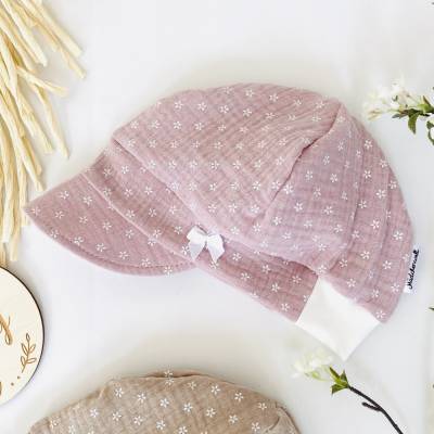 Musselin Schildmütze Mädchen Blumen altrosa 