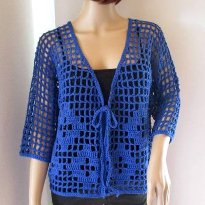 Häkeljacke mit hübschem Muster in Blau, Sommerjacke, Cardigan, Bolero 