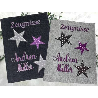 Zeugnismappe mit Namen aus Filz | Personalisierte Zeugnis mappe | Sterne Lila | Geschenkidee Einschulung