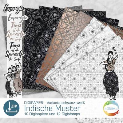 Digipapier indische Muster, Variante schwarz-weiß, Digistamp Tänzerin, Indien, indisches Design senSEASONal