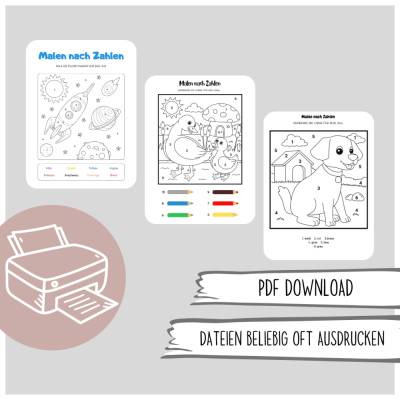Malen nach Zahlen für Vorschüler - Zahlen bis 10 - Ausmalbilder zum Ausdrucken (14 Arbeitsblätter)