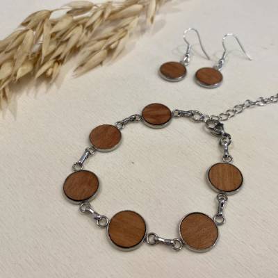 Edelstahl Armband mit Rosenholz 17-23 cm opt. Ohrringe