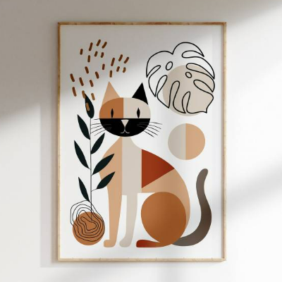 Stillleben mit Katze | modern, minimalistisch | Boho Retro Bild | Druckbarer Digitaler Download | Poster selber drucken