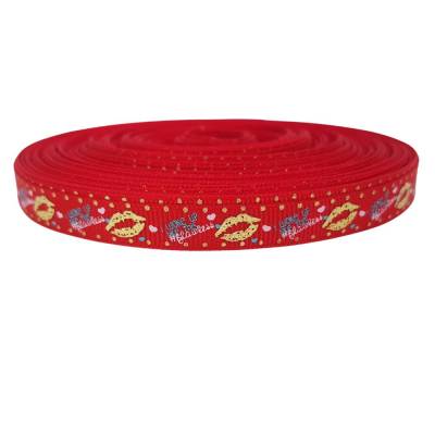 Ripsband 9mm Lippen gold auf rot 2492 Ripsband Geschenkband goldener Mund