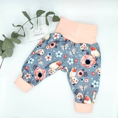 Pumphose, Größe 56 - 62, Mitwachshose, Vögelchen, grau-rosa