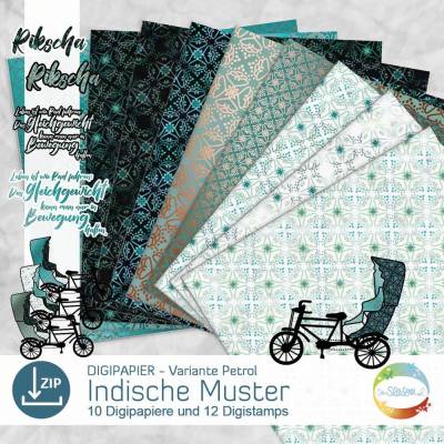 Digipapier indische Muster, Variante petrol, Digistamp Tänzerin, Indien, indisches Design senSEASONal