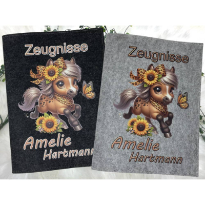 Zeugnismappe mit Namen - Mädchen und Jungen - Personalisiert Filz A4 Pferd - Dokumenten Urkunde