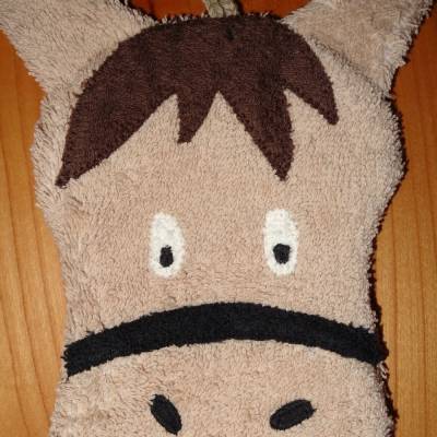 Waschhandschuh Pferd – Kinderwaschlappen mit Pferdegesicht, handgemacht