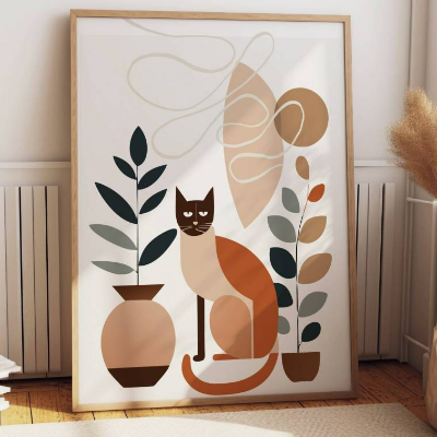Stillleben mit Katze | modern, minimalistisch | Boho Retro Bild | Druckbarer Digitaler Download | Poster selber drucken