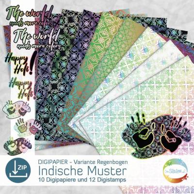 Digipapier indische Muster, Variante Regenbogen, Digistamp Hände, Farben, Holi, Indien, indisches Design senSEASONal